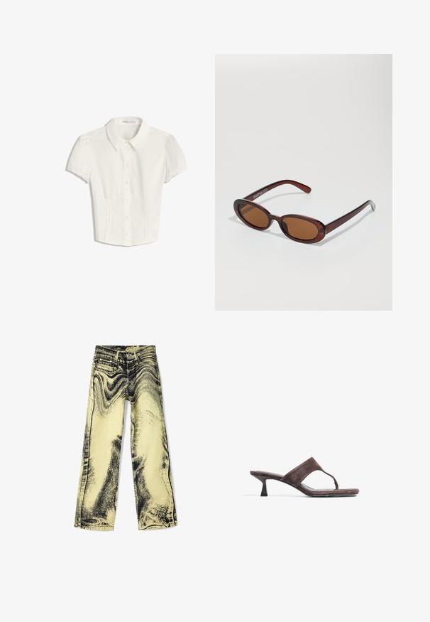 Weißes kurzärmliges Hemd mit Kragen, Knopfverschluss und Faltendetail an den Seiten, entworfen für einen figurschmeichelnden Look.; Bequeme Schlagjeans aus gelbem Denim mit einem schwarzen grafischen Druck. Sie verfügen über fünf Taschen, einen regulären Bund und sichtbare Nähte entlang der Nähte.; Braune Wildleder-Sandalen mit einem Zehensteg, niedrigem Kitten-Absatz und einer glatten, flachen Sohle. Minimalistisches Design mit einer eleganten Silhouette.; Runde, braun getönte Sonnenbrillen mit einem glänzenden burgunderfarbenen Rahmen. Schlanke Bügel mit dezentem Branding. Flaches Linsendesign.