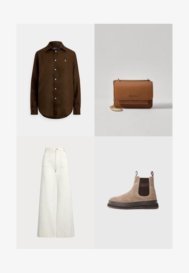 Brown linen shirt featuring a classic collar, long sleeves, button front, and a small, embroidered logo on the left chest.; Wide-leg jeans in off-white denim. High-waisted design with a button closure, two front pockets, and contrast stitching details.; Beige suede ankle Chelsea boot with dark brown elastic side panel and pull tabs, branded "GANT," and thick rubber sole.; Brown textured leather crossbody bag with gold chain strap and flap closure. Front features logo detail and a pocket under the flap.