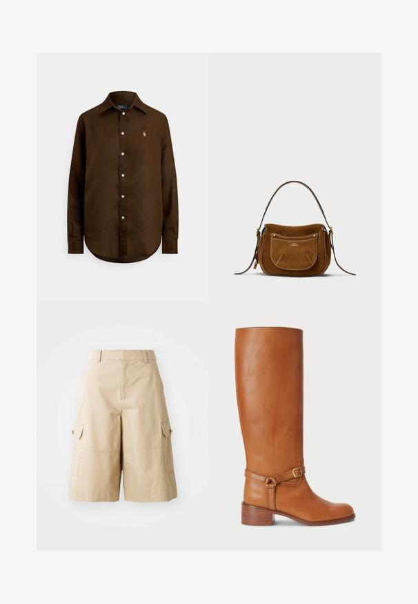 Braunes Leinenhemd mit klassischem Kragen, langen Ärmeln, Knopfleiste vorne und kleinem, gesticktem Logo auf der linken Brust.; Beige Cargo-Shorts aus leichtem Material, mit zwei seitlichen Taschen, flacher Vorderseite und lockerer Passform.; Hohe braune Lederstiefel mit glatter Oberfläche, ausgestattet mit einem seitlichen Schnallenriemen und einem gestapelten Absatz. Das Obermaterial hat ein schlichtes, unverziertes Design.; Schultertasche aus Wildleder in Braun mit geschwungener Form, kontrastierenden Nähten, goldfarbenen Hardware-Akzenten und einer mit Reißverschluss versehenen Fronttasche.