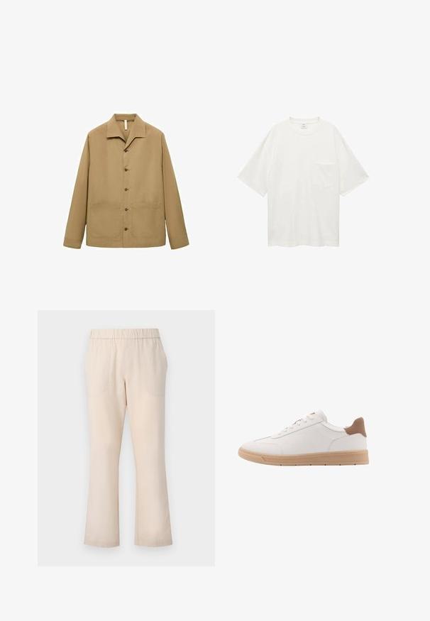 Khaki pracovní bunda s rovně střiženým střihem, rozloženým límcem, předními knoflíky, dvěma velkými kapsami a hladkým textilním povrchem.; Bílý krátký rukáv tričko vyrobené z bavlny, s kulatým výstřihem a malou přední kapsou. Hladká textura a pohodlný střih.; Beige rozšířené kalhoty s elastickým pasem, dvěma předními kapsami a jemnou bavlněnou texturou. Žádné viditelné vzory ani kovové prvky.; Bílé kožené tenisky s hladkým povrchem, hnědé akcenty na patě a béžovou gumovou podrážkou. Mají ploché tkaničky a jednoduché boční prošívání.