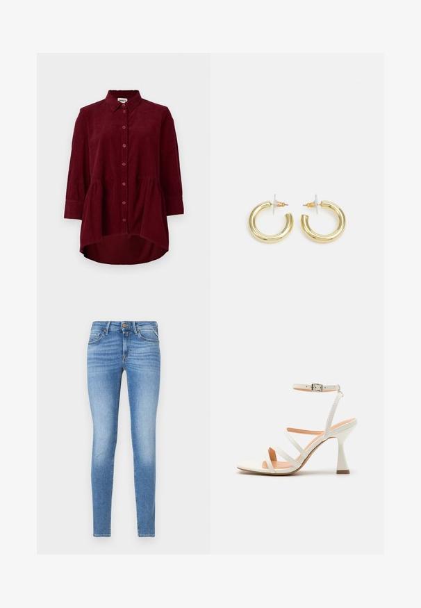 Bordová kordová košeľa s klasickým golierom, zapínaním na gombíky a trojštvrťovými rukávmi; má peplum lem a textúrovanú tkaninu.; Úzke modré denimové džínsy s mierne zvýšeným pásom, predným gombíkom a dizajnom s piatimi vreckami.; Biele remienkové sandále na vysokom podpätku s prackou na členku, hladký povrch, štvorcová špička a sochársky podpätok. Svetlo béžová stielka.; Zlaté kruhové náušnice s hladkým, lesklým povrchom. Cirkulárny dizajn s malým steblom a jasným záznamom pre bezpečné nosenie.