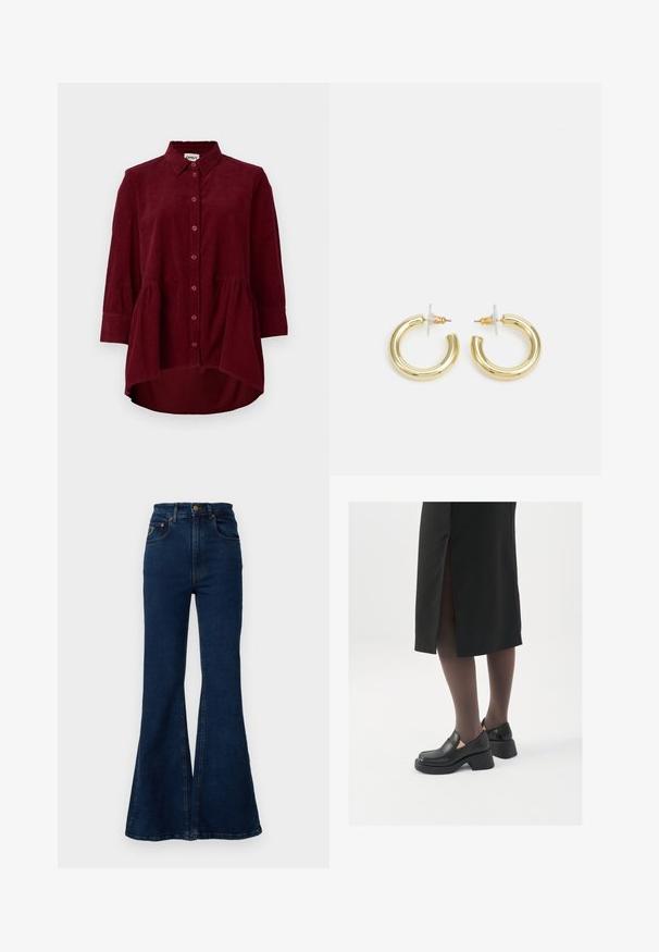 Bordová kordová košeľa s klasickým golierom, zapínaním na gombíky a trojštvrťovými rukávmi; má peplum lem a textúrovanú tkaninu.; LOIS Jeans PALAS - Džínsy bootcut - stone whiskers; Čierne kožené topánky s okrúhlou špičkou, silným blokovým opätkom a elastickými bočnými akcentmi, skombinované s tmavými pančuchami a čiernou sukňou so štiepením.; Zlaté kruhové náušnice s hladkým, lesklým povrchom. Cirkulárny dizajn s malým steblom a jasným záznamom pre bezpečné nosenie.