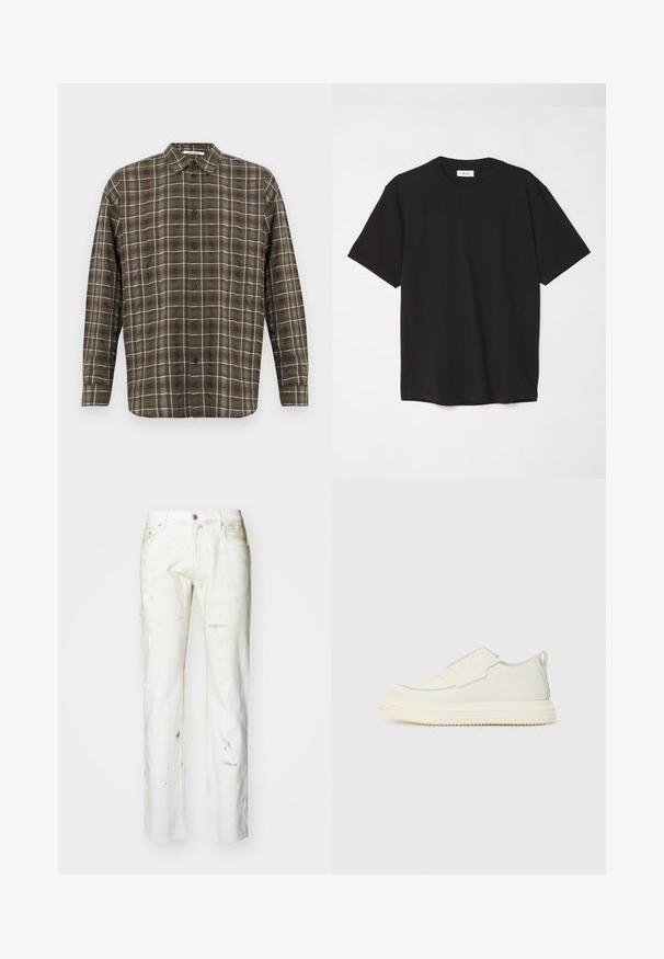 Chemise à manches longues à carreaux marron et beige avec un col à pointes, une fermeture à boutons sur le devant et des poignets à un bouton. Tissu léger avec un léger éclat.; T-shirt en coton noir avec un col ras du cou, des manches courtes et une coupe décontractée. Design simple, texture lisse, sans motifs ni logos visibles.; Jean en denim blanc avec une coupe droite. Présente des taches de peinture visibles, un zip et cinq poches. Texture douce avec un aspect légèrement usé.; Baskets blanches à enfiler avec une finition texturée, dotées d'un bout arrondi et d'une semelle en caoutchouc épaisse. Des coutures légères mettent en valeur le design.