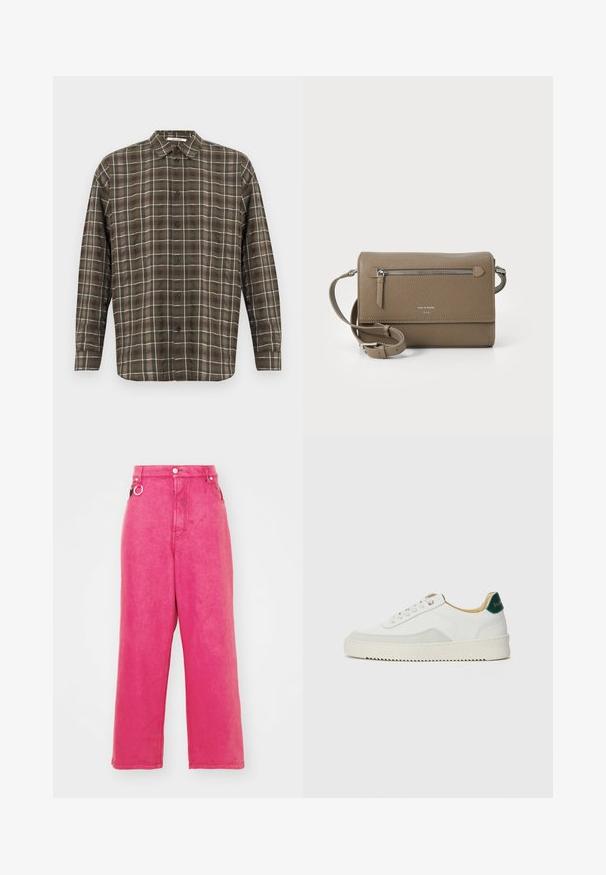 Ruda ir smėlio spalvos languota ilgomis rankovėmis marškiniai su išskleistu apykakliu, priekiniais mygtukais ir vieno mygtuko rankogaliais. Lengva medžiaga su lengvu blizgesiu.; Rožinės plačios kojų džinsai su aukštu liemeniu, pagaminti iš denimo, su mygtuku ir užtrauktuku, diržo kilpomis ir dekoratyviniu žiedu.; Baltos sportbačiai su zomšos akcentais, apvaliu nosiu, plokščiais raišteliais ir kreminės spalvos guminiu padu. Ant kulno yra žalia ženklinimo detalė.; Kakavinės odos per petį maišas su užtrauktuku priekinėje kišenėje, reguliuojama dirželiu, akmens tekstūra ir iškilniu logotipu priekyje.