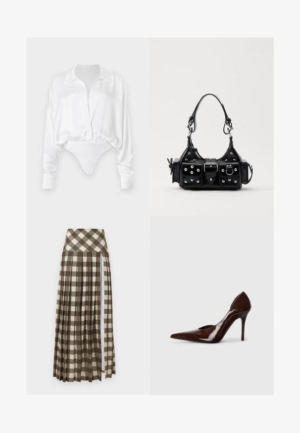 Balta satino ilgarankovė bluzė su sagų užsegimu priekyje, laisvas kirpimas ir sutrumpintas dizainas, sujungiantis su bodžio apačia. Lygus paviršius.; Ilga klostuota suknelė, turinti rudos ir smėlinės spalvų languotą raštą. Aukšto liemens dizainas su šoniniu įpjovimu ir švelnios medžiagos tekstūra.; Ruda patentinė oda aukštakulnė bateliai su smailiu pirštu ir išpjovomis šoninėse, pasižymintys plonu kulnu ir glotnia apdaila.; Juodas odinis rankinukas su kreiviu dizainu, su sidabro spalvos knopkėmis, užsegimu ir dviem šoninėmis kišenėmis. Reguliuojama dirželis nešimui.