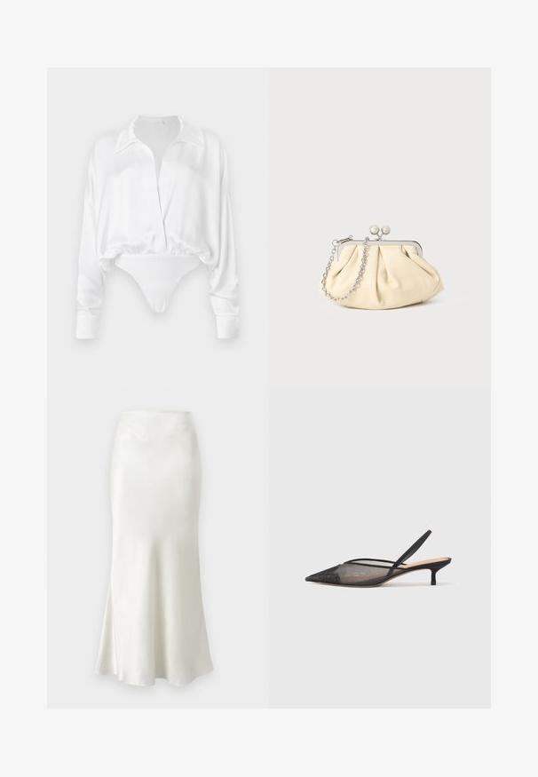 Balts satīna krekliņš ar garām piedurknēm, ar pogām priekšpusē, brīvā piegriezumā un īsajā dizainā, kas saplūst ar bodijam līdzīgu apakšdaļu. Gluda tekstūra.; Zīda midi svārki off-white krāsā ar izplesto apakšmalu. Gluda tekstūra, pieguļošs viduklis un smalkas šuvju detaļas augšā.; NEOUS IRENA - Klasiski papēži - black; Rūpīgi pleatota bežīga ādas somiņa ar sudraba metāla rāmi, kurai ir divas apaļas dekoratīvas sprādzes un sudraba ķēdes siksna.