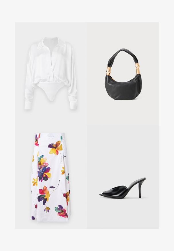 White satin long-sleeve blouse with a button-up front, relaxed fit, and cropped design merging into a bodysuit bottom. Smooth texture.; White floral skirt featuring colorful watercolor flower patterns in purple, yellow, and red; pleated design with side fastening details.; Black leather high-heeled mules with an open toe, pointed design, smooth texture, and a slim stiletto heel.; Black leather handbag with a round shape, soft texture, and a knotted handle featuring gold-tone hardware accents. Zipper closure.; Cowl-neck, deep red dress with a smooth texture. Features a pearl necklace with a decorative silver accent at the center.
