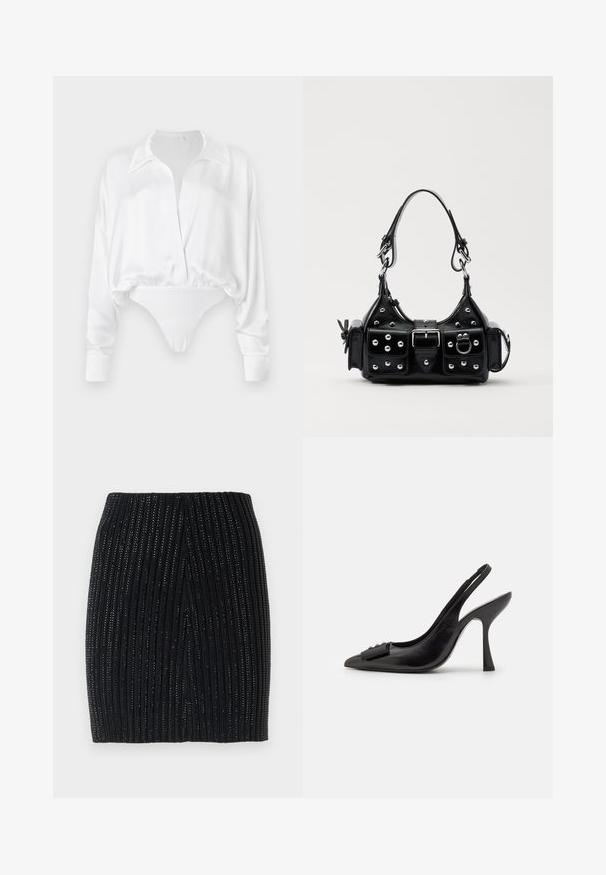 Fehér selyem hosszú ujjú blúz gombos elülső résszel, laza fazonnal és cropped kialakítással, amely bodysuit alsórészbe olvad. Simább textúra.; Fekete kötött mini szoknya függőleges bordázással és finom fémszálakkal. Testhez simuló fazonnal rendelkezik, és a hátsó középső részen hasított, ami megkönnyíti a mozgást.; Fekete bőr pántos cipő hegyes orral, karcsú magas sarkával és dekoratív masnival. Simaság és elegáns dizájn.; Fekete bőr kézitáska ívelt designnal, ezüst szegecsekkel, csattal és két oldalsó zsebbel. Állítható vállpánt a hordozási lehetőségekhez.