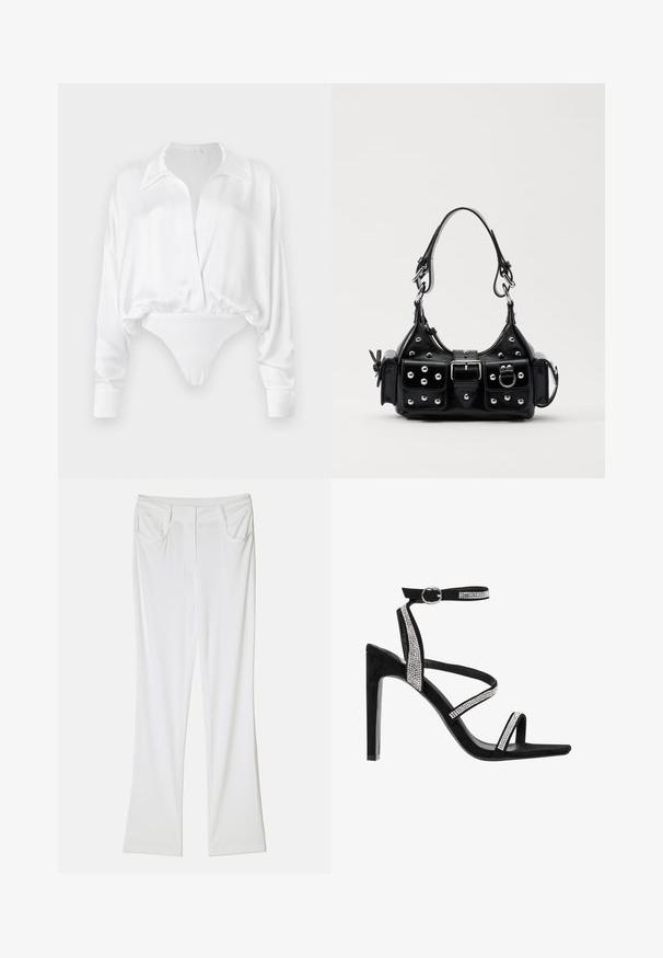 Witte satijnen blouse met lange mouwen, knoopsluiting aan de voorkant, relaxte pasvorm en een cropped ontwerp dat overgaat in een bodysuit onderkant. Zachte textuur.; Witte flare broeken van een gladde stof, met twee voorkruisen en een gestikte tailleband voor een aansluitende pasvorm.; Zwarte suède hoge hakken sandalen met kruisriemen en een smalle enkelband. Voorzien van rhinestone accenten langs de riemen. Open teen ontwerp.; Zwarte lederen handtas met een gebogen ontwerp, voorzien van zilveren studs, een gesp en twee zijvakken. Verstelbare schouderband voor verschillende draagmogelijkheden.