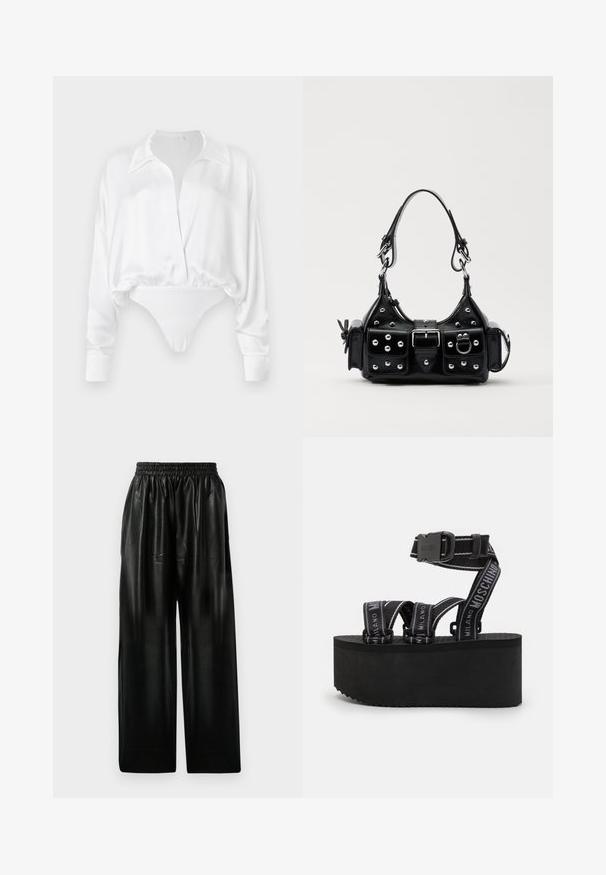 Bijela satenasta bluza dugih rukava s prednjim kopčanjem, ležernog kroja i krojenim donjim dijelom s bodi dizajnom. Glatka površina.; Crne kožne hlače širokih nogavica s elastičnom trakom u struku, koje imaju dva bočna džepa i glatku, sjajnu površinu.; MOSCHINO WEDGE - Sandale s platformom - nero; Crna kožna torba s zakrivljenim dizajnom, koja sadrži srebrne zakovice, kopču i dva bočna džepa. Podesiva traka za različite opcije nošenja.