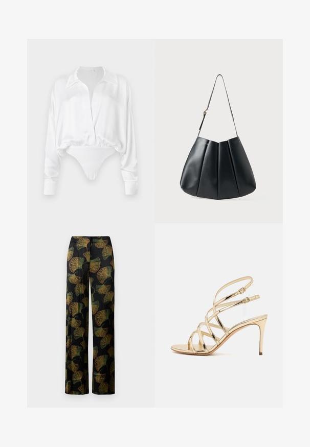 Witte satijnen blouse met lange mouwen, knoopsluiting aan de voorkant, relaxte pasvorm en een cropped ontwerp dat overgaat in een bodysuit onderkant. Zachte textuur.; Zwarte wijde broek met een groen en oranje ginkgo-bladprint. De stof heeft een subtiele textuur die het patroon benadrukt.; Casadei JULIA INTERSTELLAR - Sandalen met hoge hak - glass/platino; Zwarte leren schoudertas met geplooid ontwerp, zachte textuur, enkele schouderriem en een subtiele gouden hardware accent.