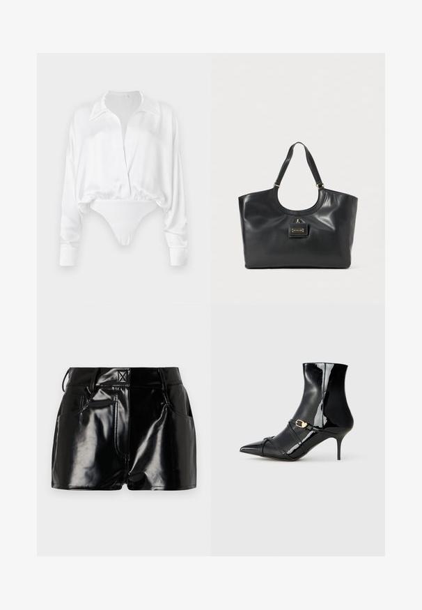 Fehér selyem hosszú ujjú blúz gombos elülső résszel, laza fazonnal és cropped kialakítással, amely bodysuit alsórészbe olvad. Simább textúra.; Fekete, fényes sort szintetikus anyagból. Jellemzője a fitted derék, övhurkok és elülső zsebek jellegzetes varrási részletekkel.; Fekete lakkozott bokacsizma, hegyes orral, karcsú sarokkal és két vékony pánttal, arany csatos díszítéssel. Sima, fényes felület.; Fekete bőr tote táska fényes felülettel, ívelt tetejével, két vállpántjával és arany színű fémrészlettel az elején.