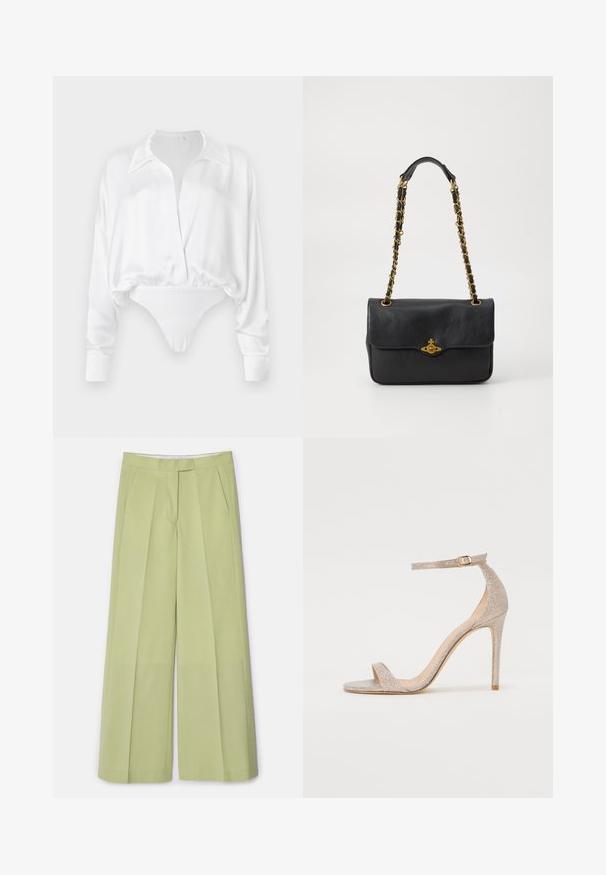 White satin long-sleeve blouse with a button-up front, relaxed fit, and cropped design merging into a bodysuit bottom. Smooth texture.; Light green wide-leg trousers with a smooth fabric, featuring front pleats, two side pockets, and a straight cut.; Strappy high-heeled sandal in metallic rose gold, featuring a textured upper, open toe, and ankle strap with a gold buckle detail.; Black leather handbag with a fold-over flap, gold-tone chain strap, and logo hardware detail on the front. Smooth texture.; Gold-tone stud earrings featuring a Saturn design with a textured band and embedded circular crystals for added sparkle.