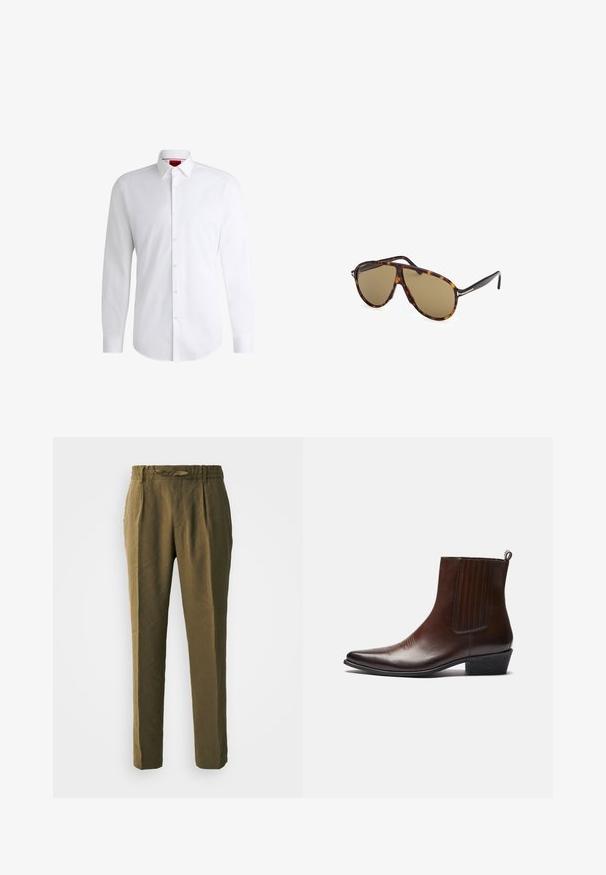 Vitt skjorta med knappar, tillverkad av mjukt tyg, med klassisk krage, långa ärmar och rundad nederkant. Har beige knappar fram.; Olivgröna byxor i mjukt material med avslappnad passform, veckad front och elastisk midja med matchande dragsko.; Brun läderankelstövel med spetsig tå, elastiska sidopaneler, texturerad detaljering framtill och en låg staplad klack.; Sköldpaddsmönstrade solglasögon med bruna linser, pilotstil, med en elegant ramdesign och metalliska accenter på bågarna.