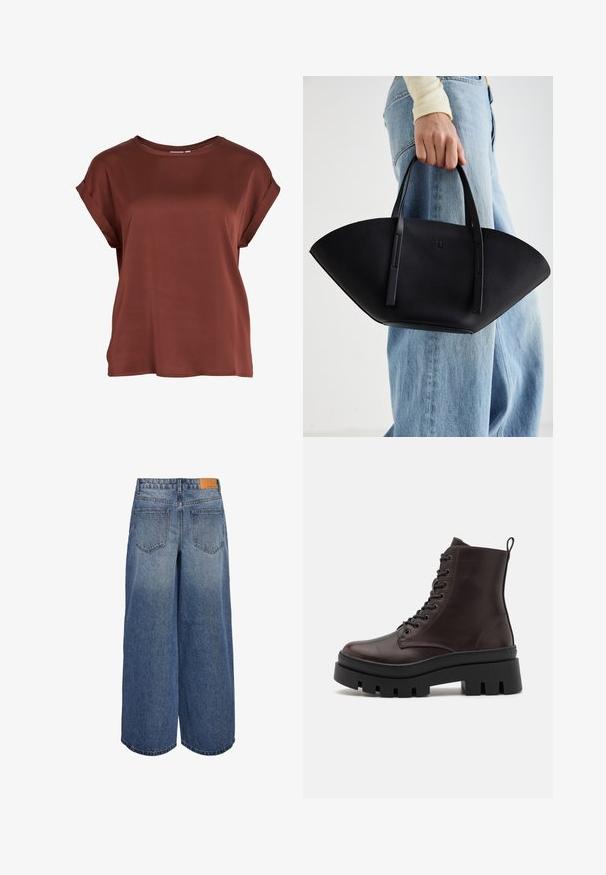 Smeđi top s kratkim rukavima, izrađen od glatke tkanine. Ima okrugli izrez i podvrnute rubove rukava, s ležernim krojem bez vidljivih uzoraka ili metalnih detalja.; Široke traper culotte hlače u srednje plavoj boji s izblijedjelom teksturom, s dvije stražnje vrećice i smeškim kožnim oznakom branda na pojasu.; Smeđe kožne gležnjače s zaobljenim vrhom, crnom debelom potplatom i vezanjem. Imaju stražnji peteljku za lakše obuvanje.; Crna kožna torba jedinstvenog oblika ventilatora, s ravnim ručkama. Površina ima teksturu sličnu šljunku i minimalistički dizajn.