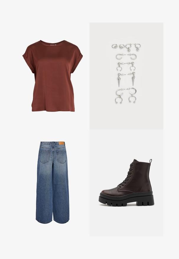 Smeđi top s kratkim rukavima, izrađen od glatke tkanine. Ima okrugli izrez i podvrnute rubove rukava, s ležernim krojem bez vidljivih uzoraka ili metalnih detalja.; Široke traper culotte hlače u srednje plavoj boji s izblijedjelom teksturom, s dvije stražnje vrećice i smeškim kožnim oznakom branda na pojasu.; Smeđe kožne gležnjače s zaobljenim vrhom, crnom debelom potplatom i vezanjem. Imaju stražnji peteljku za lakše obuvanje.; Set srebrnih naušnica koje sadrže razne dizajne: kružne, naušnice s dugmetom i viseće stilove, s lopticama i oštrim elementima.