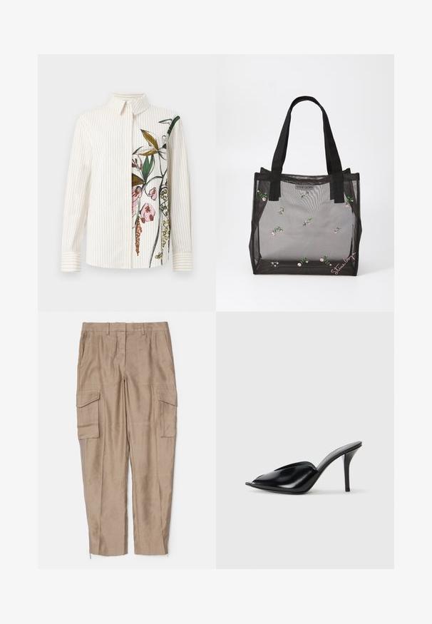 Knopenoverhemd met verticale strepen, crème kleur, met een bloemenontwerp aan één kant. Lange mouwen en klassieke kraag. Soepele textuur.; Beige cargobroek met een relaxte pasvorm, meerdere zijzakken en ritsaccenten bij de enkels. Gemaakt van een lichte stof.; Zwarte leren muiltjes met hoge hakken, open teen, spitse vorm, gladde textuur en een slanke stiletto-hak.; Zwarte netstof boodschappentas met geborduurde bloemenpatronen, voorzien van stevige zwarte handvatten en een logo-tag aan de voorkant. Doorzichtig materiaal.