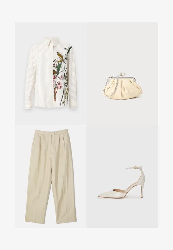 Srajca s gumbki z navpičnimi črtami v kremni barvi, z cvetličnim dizajnom na eni strani. Dolgi rokavi in klasičen ovratnik. Gladka tekstura.; Beige lanene hlače s širokim krojem, ki vključujejo sprednje nabore, stranske žepke in gladko teksturo. Klasičen kroj in vsestranski slog.; Bela usnjena čevlja na visoki peti z ozkim prstom, trakom okoli gležnja in tanko stiletto peto. Gladka tekstura z rahlim sijočim finišem.; Zavihani bež usnjeni nahrbtnik s srebrnim kovinskim okvirom, ki ima dve okrogli okrasni zaponki in srebrno verižico.