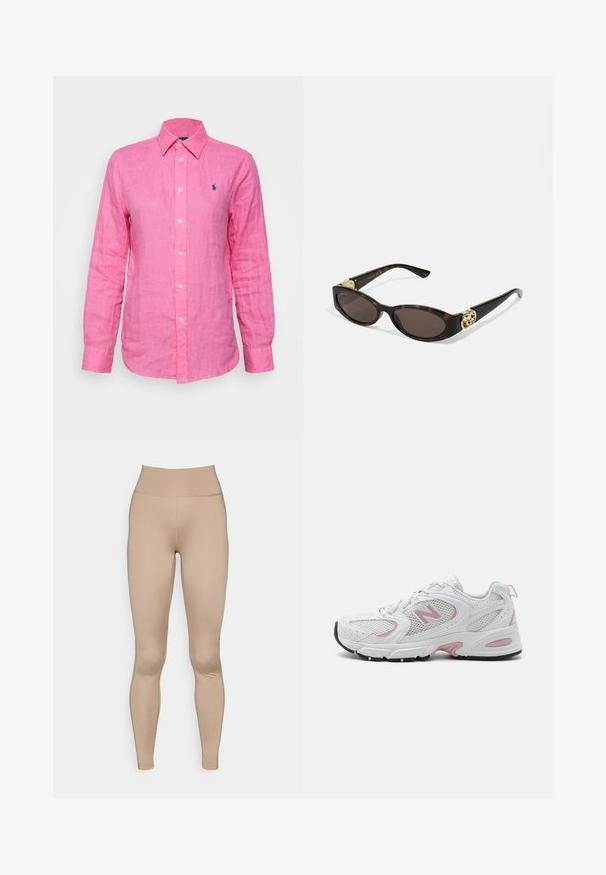 Langskoppige, gebuttonde shirt in felroze linnen, met een klein blauw logo op de linkerborst en witte knopen aan de voorkant.; Lichtbeige leggings met een hoge tailleband, gemaakt van soepel, rekbaar materiaal, zonder zichtbare naden of patronen.; Witte sport schoenen met een bovenwerk van mesh en synthetisch materiaal, roze accenten, een gewatteerde kraag en een zwarte rubberen zool. Bevat zichtbare perforaties en een logo.; Schildpadbril met langwerpige ovale lenzen, bruine tint, gouden logo-accenten op de pootjes en slanke zwarte armen.