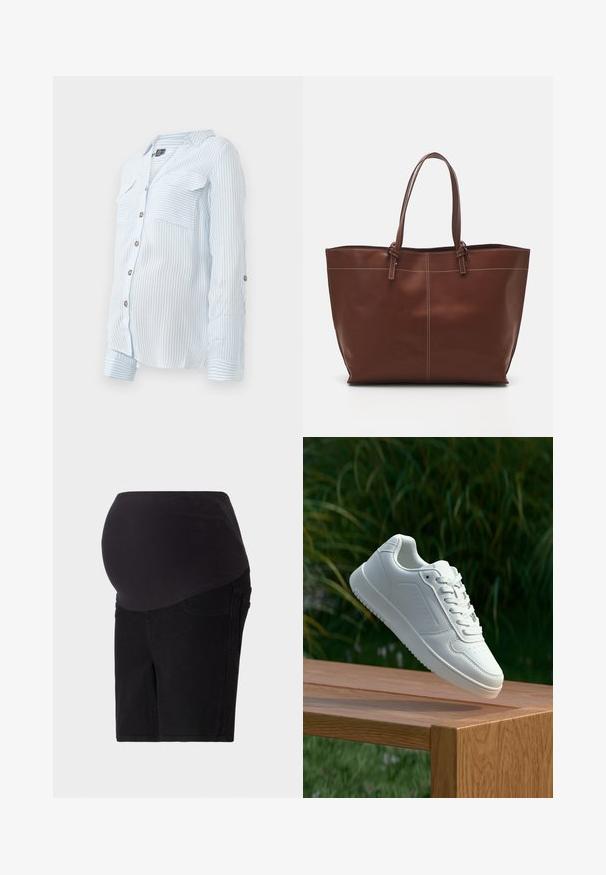 Gaiši zils svītrains krekliņš ar garām piedurknēm, divām krūšu kabatām un piedurknēm, kuras var pacelt un nostiprināt ar pogām. Mīksta, viegla auduma.; Melnas grūtniecības šorti ar gludu, elastīgu jostu, kas paredzēta komfortam. Iezīmē klasisku džinsa formu un sānu kabatas.; Baltie sporta apavi ar gludu sintētisku augšpusi, perforētu pirkstu daļu, plakani šņorēm un rakstainu zoli, novietoti uz koka virsmas.; Brūns ādas somas ar divām rokturām, iekļauj kontrastējošas šuves un plašu dizainu, piemērota ikdienas lietošanai.