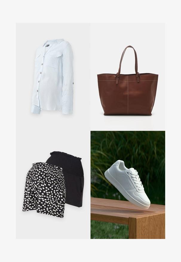 Camisa de botones de rayas en azul claro, con mangas largas, dos bolsillos en el pecho y mangas remangadas sujetas por botones. Tela suave y ligera.; Pantalones cortos negros con un patrón de margaritas blancas y cintura fruncida; los pantalones interiores son de un negro sólido con una textura suave.; Zapatilla blanca con un upper sintético suave, caja de dedos perforada, cordones planos y una suela texturizada, exhibida sobre una superficie de madera.; Bolso tote de cuero marrón con asas dobles, cuenta con costuras en contraste y un diseño espacioso, adecuado para el uso diario.