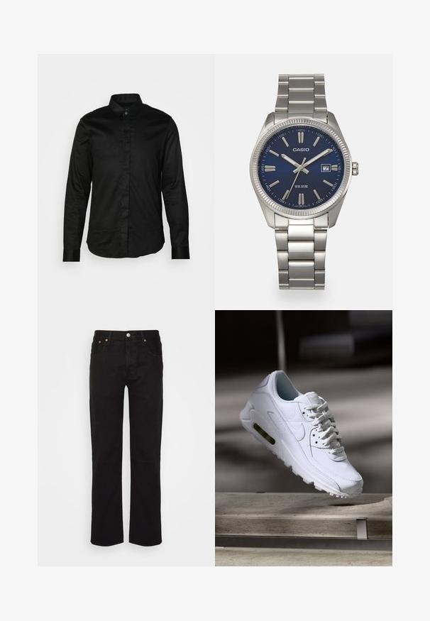 Musta pitkähihaisen paita, joka on valmistettu sileästä kankaasta. Siinä on kaulus, napitus edessä ja kontrastiin menevät hihat. Ei näkyviä kuvioita tai grafiikoita.; Musta suoralahkeinen farkut, jotka on valmistettu puuvillasta. Ominaisuuksiin kuuluu viisi taskua, metallinen nappi ja oranssi ommeltu korostus etupuolella.; Valkoinen nahkasneakers, jossa on teksturoidut pinnat, pehmustettu kaulus ja näkyvä ilmatäyttö pohjassa. Varustettu nauhoilla ja minimalistisella muotoilulla.; Harmaa ruostumaton teräs rannekello, jossa on tummansininen kellotaulu, metalliset tuntimerkit ja päivämääränäyttö kello 3:ssa. Vesitiivis 50 metriin asti.