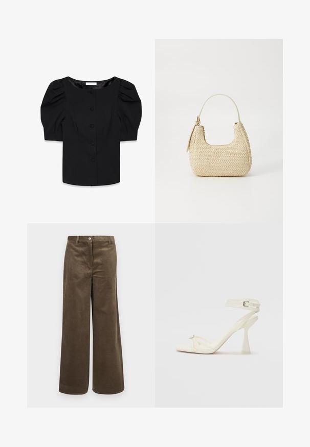Black structured blouse with puff sleeves, round neckline, and a front button closure featuring fabric-covered buttons. Smooth texture.; Brown corduroy wide-leg pants with vertical ribbing, featuring a front button closure and standard waistband. Smooth texture, casual design.; Strappy high-heeled sandal in white leather with a sleek design, a transparent block heel, and a decorative element at the toe.; Woven straw handbag in beige with a curved shape, a short handle, and a side zipper. Features textured surface and minimalistic design.