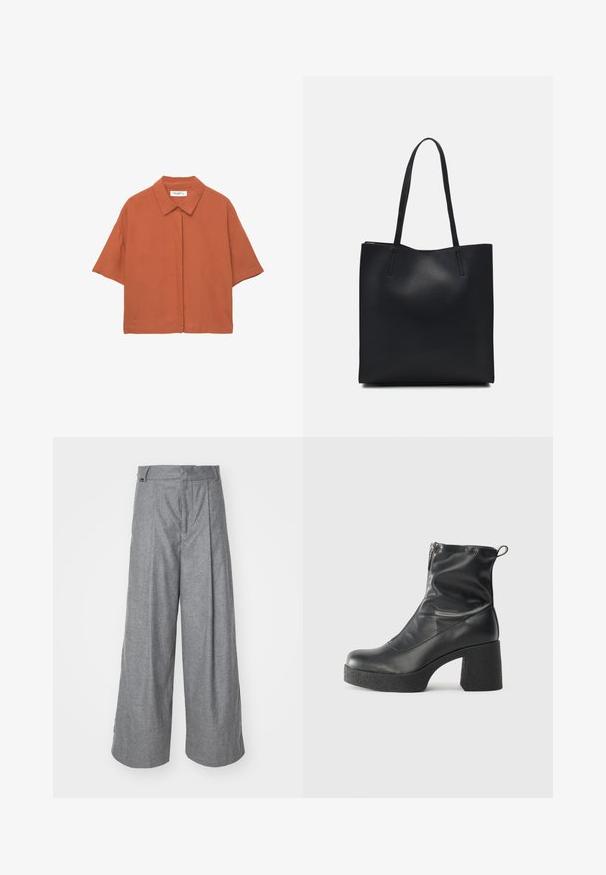 Hnedočervená košeľa s krátkym rukávom, s golierom a zapínaním na gombíky. Vyrobená z mäkkej a ľahkej látky.; Šedé široké nohavice vyrobené z mäkkej tkaniny, s vysokým pásom, prednými záhybmi a diskrétnou značkou na páse.; Čierne členkové topánky z hladkej kože, so bočným zipsom, robustnou textúrovanou pätnou časťou a zaobleným dizajnom špičky.; Čierna kožená taška na rameno s hladkým povrchom, obdĺžnikovým tvarom a dvoma dlhými uchami. Bez viditeľného kovania alebo ozdôb.