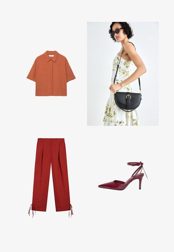 Rostfärgad kortärmad skjorta med krage och knäppning framtill. Tillverkad av ett mjukt, lätt tyg.; Röda vida byxor med elastisk midja och dragsnören vid fållarna, tillverkade av lättviktsmaterial.; Burgundy läder högklackad sko med spetsig tå, öppna sidor och ankelrem. Har en elegant design och slät yta.; Svart läderhandväska med en böjd form, avtagbar rem och guldiga detaljer. Väskan har ett lock med en spänndetalj.