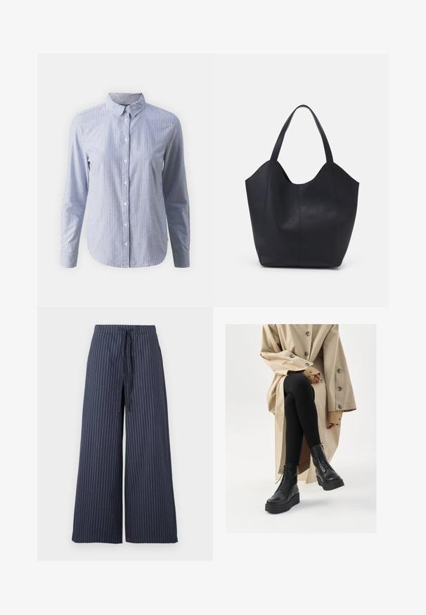 Nappapaita sinivalkoisilla pystyraitoilla; pitkät hihat, kaulus ja sileä puuvillakangas, jossa suora helma.; Valkoisilla pystyraitoilla varustetut tummansiniset leveälahkeiset housut. Valmistettu kevyestä kankaasta, jossa on nyörikiinnitysvyötärö ja sileä pinta.; Mustat nahkasaappaat nilkkapituisilla nauhavälikkeillä, kohotetulla pohjalla ja teksturoiduilla mustilla legginsseillä, yhdistettynä vaaleanbeigeen trench-takkiin.; Mustat kangaskassit, jotka on valmistettu sileästä nahasta, jossa on kaareva, avoin yläosa, kaksi olkahihnaa ja minimalistinen muotoilu.