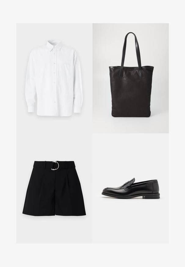 Chemise blanche à boutons avec col, présentant de légères rayures verticales, des manches longues, une poche poitrine et un ourlet arrondi classique.; Shorts noirs ajustés en tissu tissé. Présentent une large taille avec une boucle circulaire en argent, des plis à l'avant et une coupe droite.; Mocassins en cuir noir avec une texture lisse, bout rond et une sangle décorative sur le dessus. Talon bas empilé, design minimaliste.; Sac fourre-tout en toile noire avec des poignées en cuir noir. Design simple, corps spacieux et texture lisse. Pas de logos ou motifs visibles.