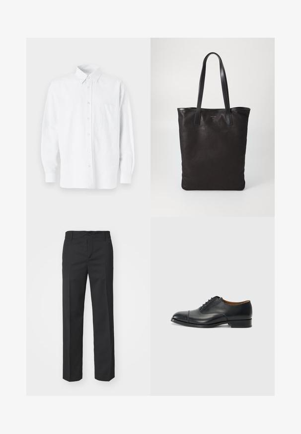 Balta krekla ar apkakli, kas piedāvā smalkas vertikālas svītras, garas piedurknes, krūšu kabatu un klasisku noapaļotu apakšmalu.; Filippa K TROY TROUSERS - Auduma bikses - black; Melna ādas kleitkurpe ar gludu virsmu, noapaļota purngala, piecām acīm šņorēšanai un zemu bloku papēdi. Minimalistisks dizains ar smalku adījumu.; Melnas auduma iepirkumu soma ar melnām ādas rokturiem. Vienkāršs dizains, plaša forma un gluda tekstūra. Nav redzamu logo vai rakstu.