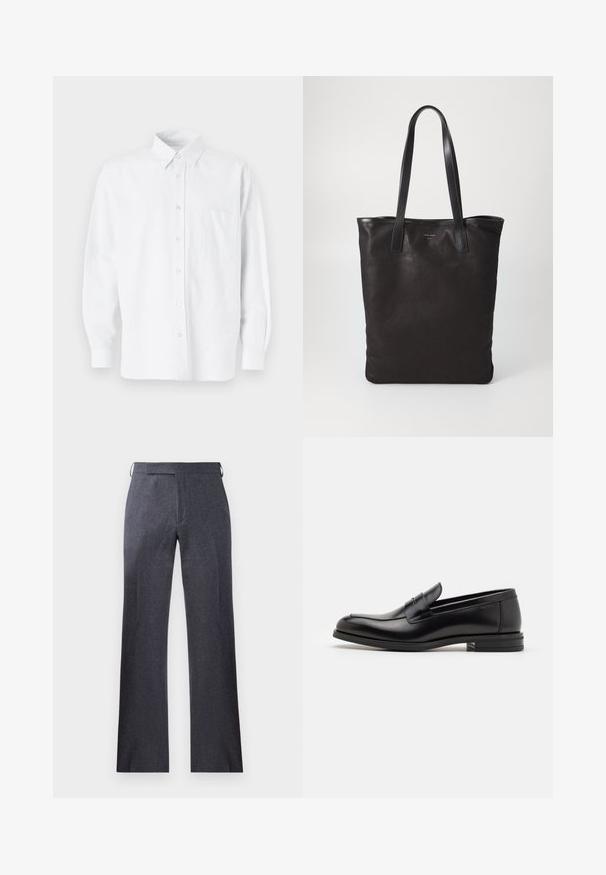 White button-up shirt with a collar, featuring subtle vertical stripes, long sleeves, a chest pocket, and classic rounded hem.; Gray tailored trousers made of a textured fabric, featuring a straight cut, subtle crease, and side waistband loops for belt attachment.; Black leather loafers with a smooth texture, rounded toe, and a decorative strap across the vamp. Low stacked heel, minimalist design.; Black canvas tote bag with black leather handles. Simple design, spacious body, and a smooth texture. No visible logos or patterns.