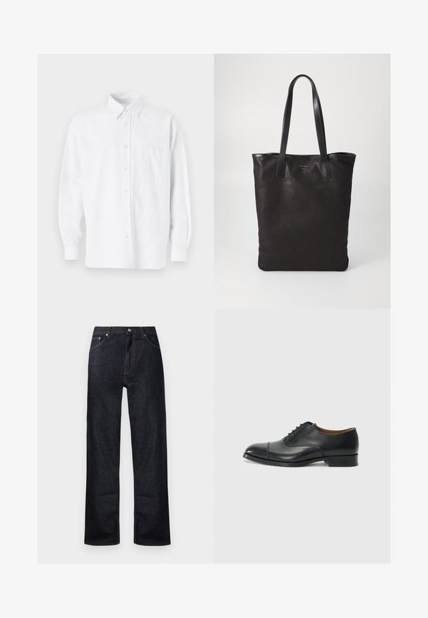 Valge nööpidega särk kraega, millel on peened vertikaalsed triibud, pikad varrukad, rinnatasku ja klassikaline ümar serv.; Tumedast sinine teksade püksid sirge jala disainiga, viis taskut ja oranži tikandi detail. Metallnupp ja tõmblukk.; Must have nahkkingak, sileda viimistluse, ümarate varvastega, viie silmaga paelte jaoks ja madala ploki kontsaga. Minimalistlik disain koos diskreetsete õmblustega.; Mustmust kott mustade nahkade käepidemetega. Lihtne disain, avar keha ja sile tekstuur. Pole nähtavaid logosid ega mustreid.