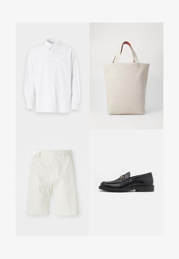 White button-up shirt with a collar, featuring subtle vertical stripes, long sleeves, a chest pocket, and classic rounded hem.; White cotton shorts with a straight cut, featuring a flat front, belt loops, and a smooth texture. No visible patterns or accents.; Black leather loafers with a rounded toe, featuring gold hardware accent and stitching detail, set on a low, textured rubber sole.; Tote bag in light beige fabric with a textured finish, featuring two contrasting brown leather handles and metal accents at the top.