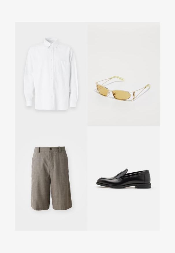 Weißes Hemd mit Knöpfen und Kragen, das dezente vertikale Streifen aufweist, lange Ärmel, eine Brusttasche und einen klassischen abgerundeten Saum hat.; Grau karierte Shorts mit einem taillierten Design, ausgestattet mit einem Frontknopfverschluss und zwei Seitentaschen. Hergestellt aus strukturiertem Stoff.; Schwarze Lederloafers mit glatter Textur, rundem Zehenbereich und einem dekorativen Riemen über dem Vorderfuß. Niedriger, gestapelter Absatz, minimalistisches Design.; Gelb getönte Sonnenbrille mit einem durchsichtigen goldenen Rahmen, schlanker rechteckiger Form und eckigen Bügeln mit hellgrünen Akzenten.