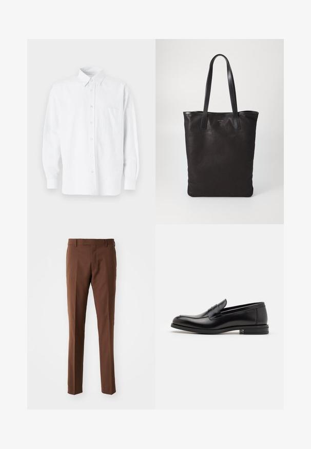 Vit skjorta med knappar och krage, med subtila vertikala ränder, långa ärmar, en bröstficka och klassisk rundad nederkant.; Bruna, skräddarsydda byxor med rak ben-design, slät yta och bälteshällor. Inga synliga mönster eller hårdvarudetaljer.; Svarta läderloafers med en slät yta, rund tå och ett dekorativt band över främre delen. Låg staplad klack, minimalistisk design.; Svart canvas toteväska med svarta läderhandtag. Enkel design, rymlig kropp och en slät textur. Inga synliga logotyper eller mönster.