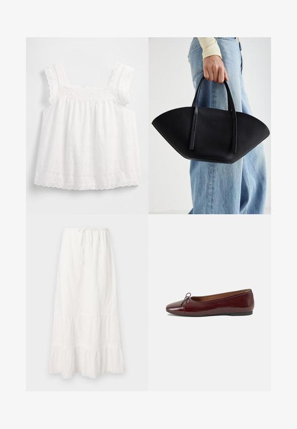 White, sleeveless top featuring a gathered design, scalloped edges, and floral eyelet patterns with delicate detailing along the straps.; Long white cotton skirt with an elastic waistband and adjustable drawstring. Features tiered layers with delicate lace trim at the hem.; Burgundy patent leather ballet flat with a rounded toe, small bow accent at the front, and a low, black rubber sole. Smooth texture.; Black leather handbag with a unique fan shape, featuring flat handles. The surface has a pebbled texture and a minimalistic design.