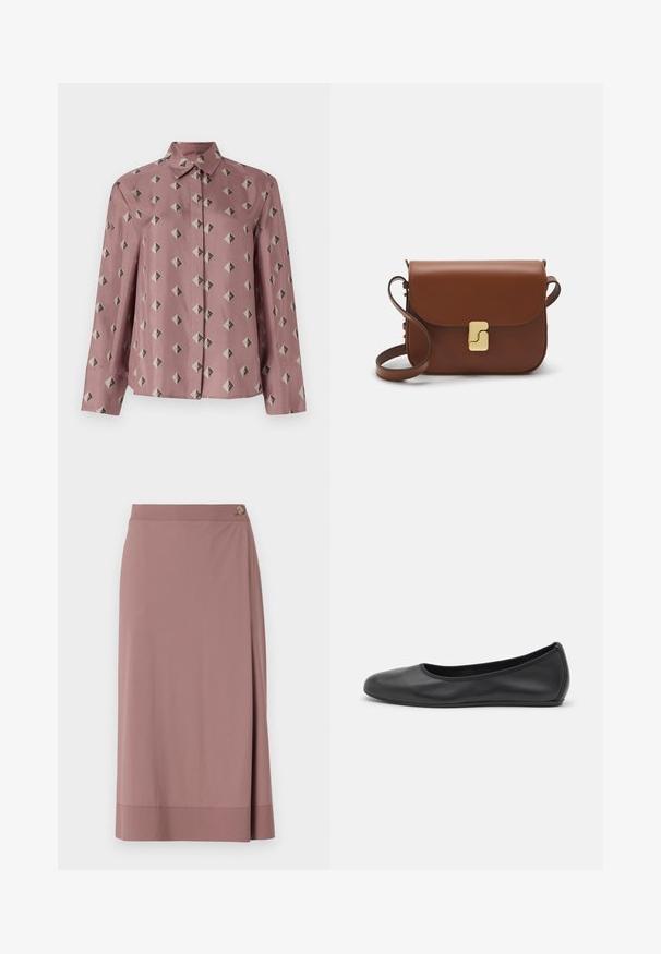 Pogu krekls maigas rozā audumā ar ģeometrisku rakstu, kas sastāv no dimantiem un trijstūriem pelēkā un melnā krāsā. Garas piedurknes, klasiskā apkakle.; Gaiši rozā ceļgala garuma svārki no gludas auduma ar sānu pogu detaļu. Iezīmē apvilkuma dizainu un taisnu apakšu ar smalku apdari.; Melna ādas baleta kurpe ar noapaļotu purngalu, gludu tekstūru, minimālu šuvju detalizāciju un elastīgu zoles dizainu.; Bordo ādas rokas soma ar atloku, zeltītām detaļām, plecu siksnu un gludu virsmu. Kompakta, taisnstūrveida forma.