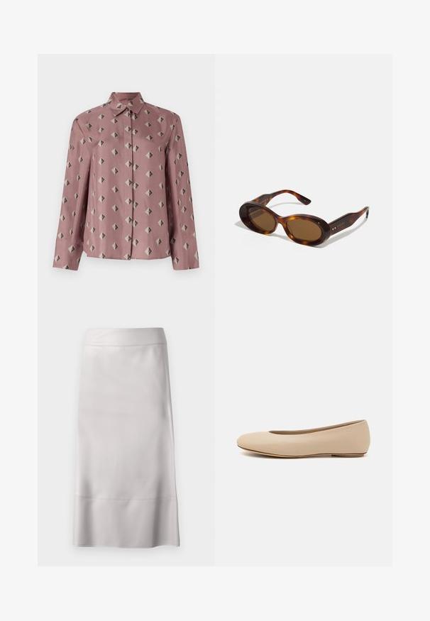Napapaita vaaleanpunaisesta pehmeästä kankaasta, jossa on geometrinen malli, joka koostuu timanteista ja kolmioista haaleassa harmaassa ja mustassa. Pitkät hihat, klassinen kaulus.; Harmaa kynähame, joka on valmistettu sileästä kankaasta, jossa on kapea malli, siistit linjat ja polven pituinen helma, jossa on hienovarainen sauma yksityiskohta.; Beige nahkara ballet flat dengan ujung bulat, detail jahitan minimal, hak rendah, dan logo halus di bagian belakang. Tekstur halus dan matte.; Kilpikonnakuosiset aurinkolasit, joissa on soikeat linssit, ruskea sävy ja kultaiset yksityiskohdat sangoissa. Paksut kehykset, joissa on kiiltävä pinta ja sileä tekstuuri.
