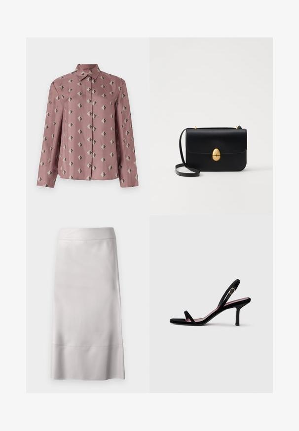 Button-up shirt in soft pink fabric featuring a geometric pattern of diamonds and triangles in muted gray and black. Long sleeves, classic collar.; Light gray pencil skirt made of smooth fabric, featuring a slim fit, clean lines, and a knee-length hem with a subtle seam detail.; Black suede women's high-heeled sandal with slim straps and a gold buckle on a white background, side view.; Black leather handbag with a structured rectangular shape. Features a golden oval clasp and a thin shoulder strap. Smooth texture.