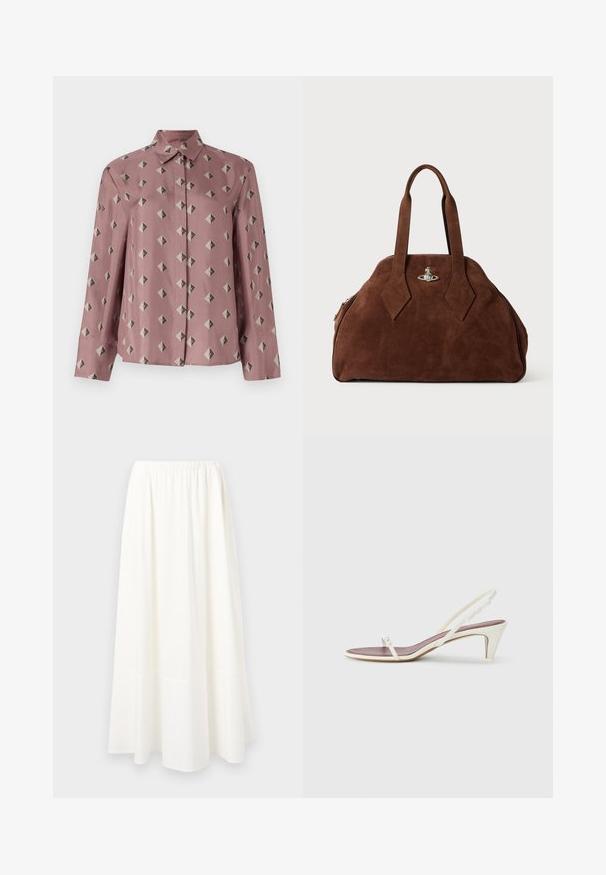 Camisa abotonada de suave tela rosa, con un patrón geométrico de diamantes y triángulos en tonos gris apagado y negro. Manga larga, cuello clásico.; Falda blanca hasta el tobillo hecha de un tejido ligero, con una cinturilla elástica recogida y un dobladillo acampanado, que presenta una textura suave.; Sandalias blancas de goma con un ligero tacón, tiras delgadas y una textura de cuero suave; cuentan con una pequeña hebilla decorativa.; Bolso de ante marrón con una forma estructurada, cuerpo redondeado y asas alargadas en forma de diamante. Presenta un cierre de hardware plateado.