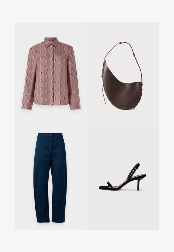 Button-up shirt in soft pink fabric featuring a geometric pattern of diamonds and triangles in muted gray and black. Long sleeves, classic collar.; Navy blue trousers with a straight-leg design, featuring a front button closure, two side pockets, and a smooth, textured fabric finish.; Black suede women's high-heeled sandal with slim straps and a gold buckle on a white background, side view.; Brown leather handbag with a curved shape, single strap, and minimalistic design. Features a subtle logo and gold hardware accents.