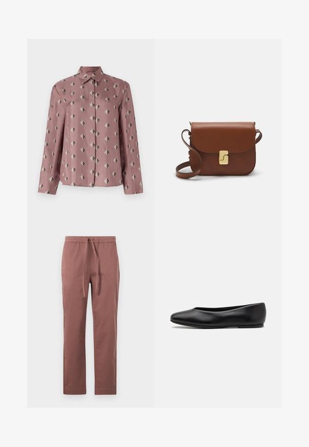 Een button-up shirt van zacht roze stof met een geometrisch patroon van diamanten en driehoeken in gedempt grijs en zwart. Lange mouwen, klassieke kraag.; Bruine katoenen broek in een mix met elastische tailleband en trekkoord. Rechtaflopende pijpen met zijzakken, een gladde textuur en geen zichtbare patronen.; Paul Smith TOPANGA - Ballerina's - black; Bruine leren handtas met een klep sluiting, gouden hardware, een schouderband en een gladde textuur. Compact rechthoekige vorm.