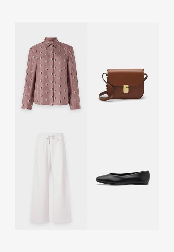 Een button-up shirt van zacht roze stof met een geometrisch patroon van diamanten en driehoeken in gedempt grijs en zwart. Lange mouwen, klassieke kraag.; Lichtroze, wijdvallende sweatpants met een trekkoord in de taille, gemaakt van zachte stof; heeft een gladde textuur en geen zichtbare patronen of prints.; Paul Smith TOPANGA - Ballerina's - black; Bruine leren handtas met een klep sluiting, gouden hardware, een schouderband en een gladde textuur. Compact rechthoekige vorm.