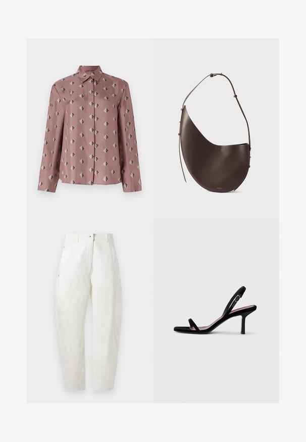 Button-up skjorta i mjuk rosa tyg med ett geometriskt mönster av diamanter och trianglar i dämpat grått och svart. Långa ärmar, klassisk krage.; Vita bomullshängselbyxor med avslappnad passform, med knappstängning, sidofickor och subtila sömnadsdetaljer längs sömmarna.; Svart mocka högklackad sandal för kvinnor med smala remmar och ett guldspänne på vit bakgrund, sidosyn.; Brun läderhandväska med en böjd form, enkel rem och minimalistisk design. Har en diskret logotyp och detaljer i guld.
