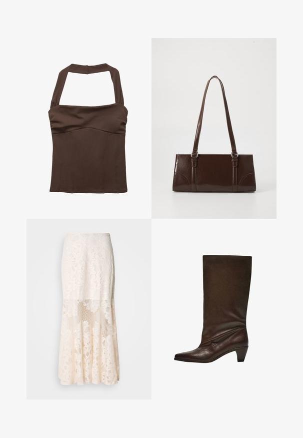 Haut à col halter marron avec une coupe structurée, présentant un tissu froncé au niveau de la poitrine et une texture lisse. Aucune motif ni embellissement visible.; Jupe midi en dentelle florale couleur crème ; elle présente un design superposé avec des sections transparentes, de la dentelle texturée, et un ourlet évasé.; Botte mi-mollet en cuir marron foncé avec un petit talon empilé, bout pointu et tige légèrement plissée sur un fond blanc.; Sac à main en cuir verni marron de forme rectangulaire, avec deux longues poignées et des accents courbés subtils à l'avant.
