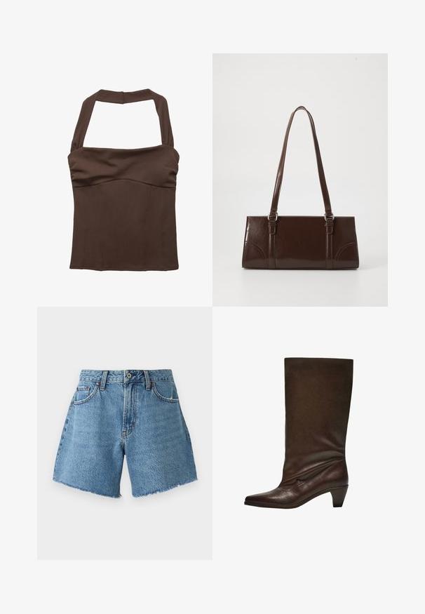 Barna nyakpántos felső, struktúrált szabással, a dekoltázson összegyűrt anyaggal és sima textúrával. Nincsenek látható minták vagy díszítések.; Abercrombie & Fitch CURVE LOVE SHORT - Farmer rövidnadrágok - light blue denim; Sötétbarna bőr, középmagas csizma alacsony, tölcsér alakú sarokkal, hegyes orral és enyhén lecsúszott szárával fehér háttér előtt.; Barna lakkbőr kézitáska, téglalap alakú, két hosszú fogantyúval és finom ívelt díszítéssel az elején.
