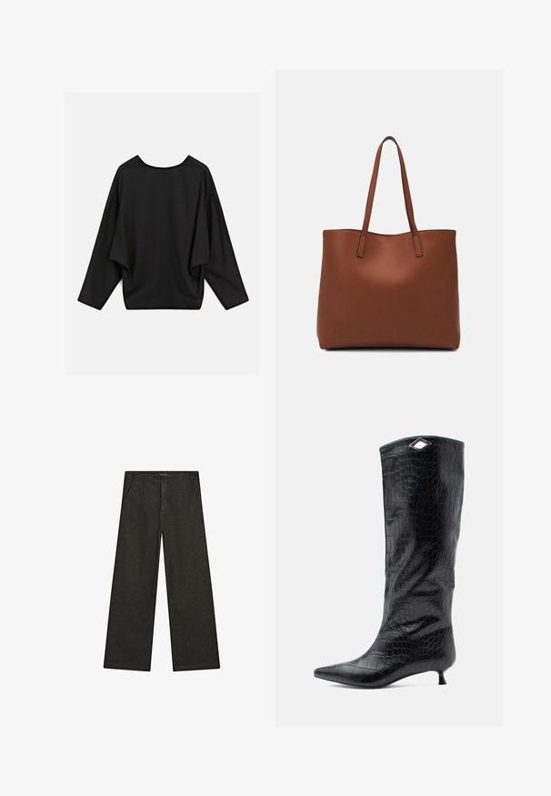 Maglietta nera over-size con scollatura ampia e spalle cadenti, realizzata in morbido tessuto con una superficie liscia e dettagli di cucitura minimi.; Pantaloni in denim neri a gamba larga con vita media, due tasche frontali e un design pulito e minimalista senza decorazioni visibili.; Stivale nero al ginocchio in pelle lucida effetto cocco, con punta affusolata e tacco kitten di piccole dimensioni, dotato di un accento angolare in argento sulla parte superiore.; Borsa tote in pelle marrone con texture liscia, design con apertura superiore e due spallacci. Presenta cuciture minime e nessun hardware visibile.