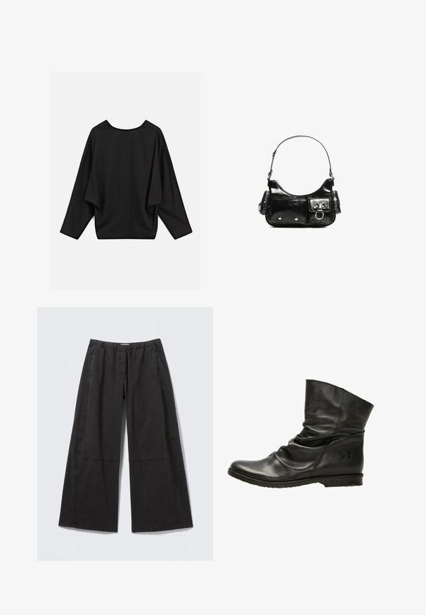 Maglietta nera over-size con scollatura ampia e spalle cadenti, realizzata in morbido tessuto con una superficie liscia e dettagli di cucitura minimi.; Pantaloni neri a gamba larga in cotone, con vita elastica, tessuto testurizzato e dettagli con pannelli cuciti lungo i lati.; Stivale alla caviglia in pelle nera con design svasato, punta arrotondata e suola piatta. Presenta un delicato logo a farfalla sul lato. Texture liscia.; Borsa a spalla in vernice nera con forma curvata, una tracolla, tasche frontali e dettagli in metallo argentato.